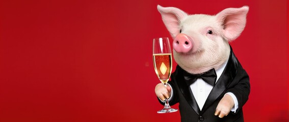 Adorable pig dressed in a tuxedo, holding a champagne glass, stands against a vibrant red background, embodying celebration and joy in a whimsical and humorous manner