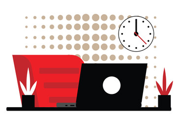 Office Table with Laptop and Clock on the Wall Halftone Effect. Workspace and work environment vector art