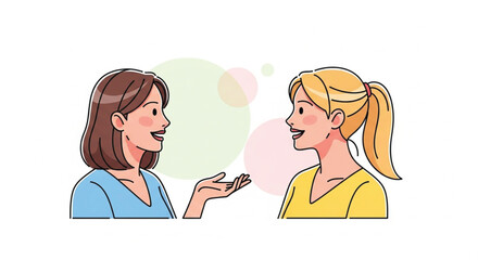 Clean vector illustration showing a cheerful young woman having a conversation with her friend.