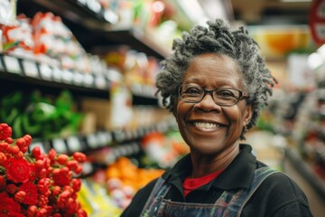 Smiling senior woman working in grocery store