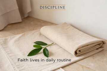 Beige towels folded on a tiled floor, a leaf, text about discipline, and the saying, "Faith lives in daily routine