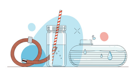 A refreshing beverage with a straw served in a glass jar with a rope and a dish of water with drips.
