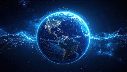 Obraz premium Global Network of Blue Lights on Earth in Dark Background with Particle Stream Creating Digital and Futuristic Ambiance