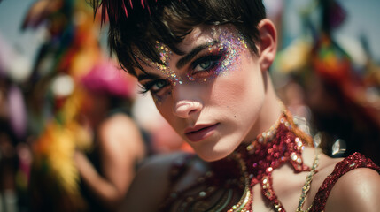 Transgender Carnival Performer with Glitter Makeup in Brazil.