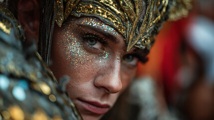 Transgender Carnival Performer with Glitter Makeup in Brazil.