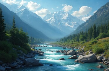 Turquoise mountain river flows through green valley with pine forest. Majestic snow capped peaks rise against blue sky with clouds. Scenic wilderness landscape perfect for travel, adventure, outdoor