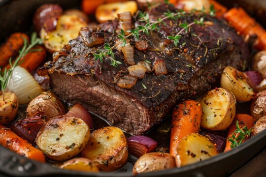 Roast beef with vegetables in a cast iron skillet