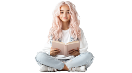 Woman reading with relaxed expression and long pink hair on Transparent Background
