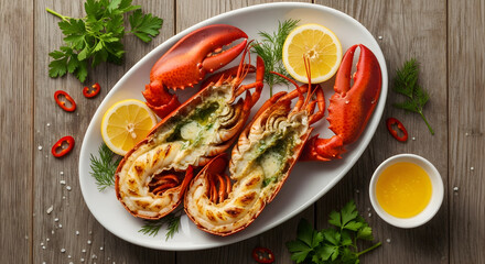 Deliciously grilled whole lobster served with lemon and butter.