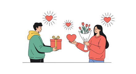 A man gives a gift to a woman holding flowers and a heart.