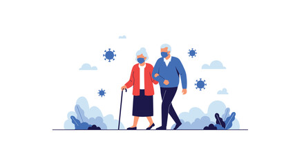 An elderly couple wearing masks walks arm in arm surrounded by viruses and greenery.