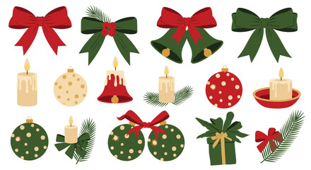 Festive holiday decorations featuring bows candles ornaments and gifts for celebratory occasions.