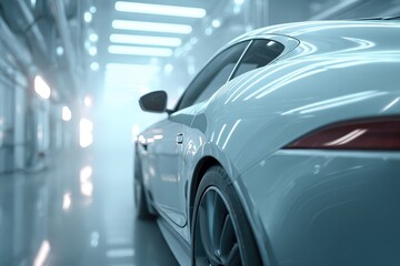 Sleek luxury sports car gleaming brightly in a modern, high-tech showroom.