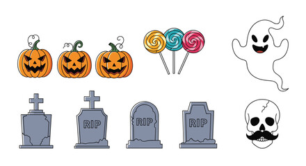 A collection of spooky Halloween graphics featuring pumpkins tombstones lollipops and a ghost.
