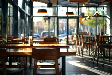 Modern restaurant interior with wooden tables and chairs