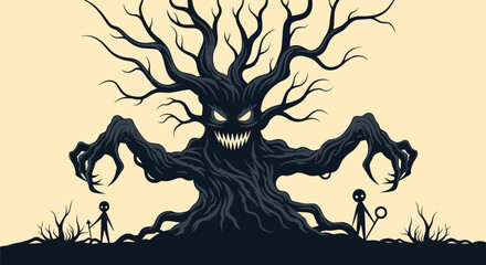 A colossal dark tree with a menacing face stands before two small figures in a pixel art illustration.