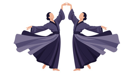 Two dancers in flowing purple robes move in mirrored poses.