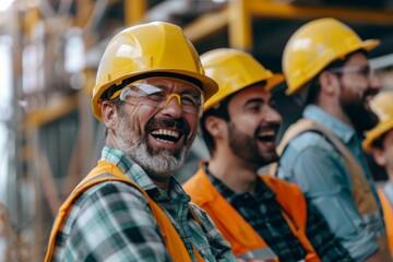 Happy construction workers laughing together at a job site