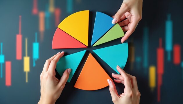 People assemble colorful pie chart puzzle pieces. Financial market candlestick charts visible in background. Data analysis and strategy planning concept.