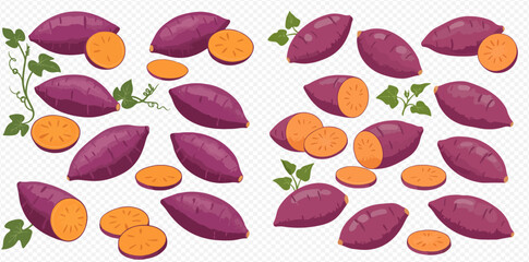 Illustration of sweet potatoes, whole and sliced, with leaves, on a transparent background. © ArtLuna Studio