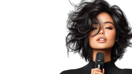 Young woman singing confidently with a microphone on Transparent Background