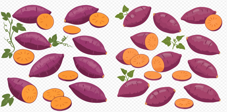Illustration of sweet potatoes, whole and sliced, with leaves, on a transparent background.