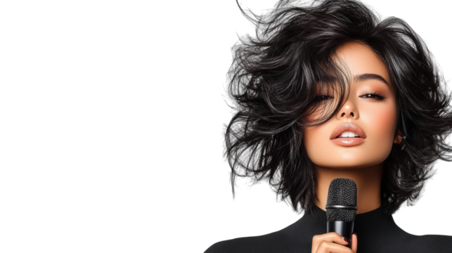 Young woman singing confidently with a microphone on Transparent Background