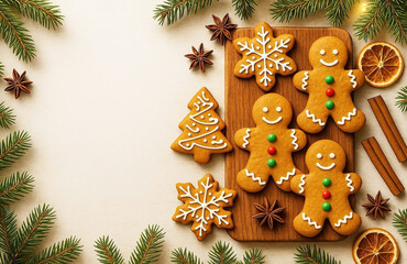 Delicious sweet cookies, gingerbread men, Christmas trees and snowflakes with white glaze, with green branches of the Christmas tree and New Year's decor