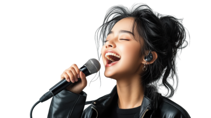 Woman singing passionately on transparent background