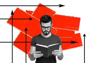 Composite trend sketch image photo collage of arrow way direction point route young guy geek eyewear read book education student knowledge