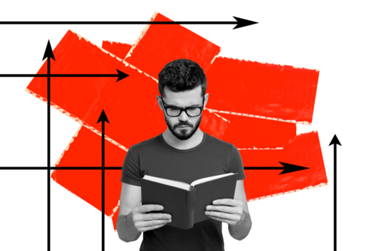 Composite trend sketch image photo collage of arrow way direction point route young guy geek eyewear read book education student knowledge