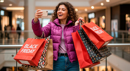 Excited woman taking a selfie with a phone and Black Friday shopping bags in the mall