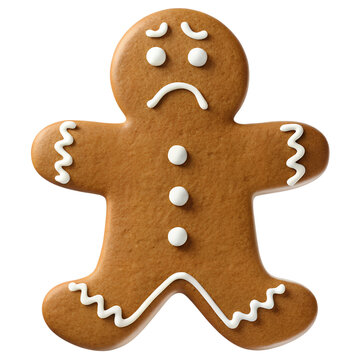 a funny gingerbread man with a scared face and a bite taken out of his head