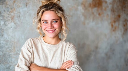 This delightful portrait features a smiling young woman with curly hair, exuding warmth and happiness against a textured backdrop, embodying a carefree spirit.