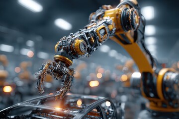 Sophisticated industrial robot arm performing automotive assembly tasks in a factory.