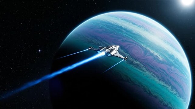 Sleek spaceship hurtling through space with a blue planet backdrop, engine glowing
