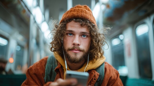 A young man with curly hair and headphones sits on public transport, deeply focused on his smartphone, illustrating modern connectivity amidst daily life.