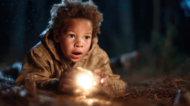 A young boy lies on the ground in a dark forest, his face illuminated by a flashlight, capturing the essence of wonder, exploration, and childhood imagination.