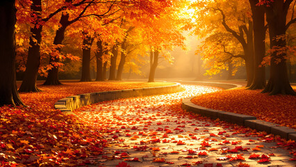 A winding park path covered with bright red and orange autumn leaves, surrounded by sunlit trees