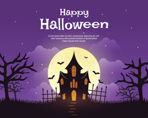 Happy Halloween banner with darkpurple background, flying bats, and spooky house. Concept illustration for banners, posters, greeting cards, and social media posts