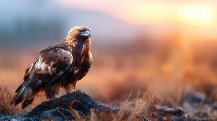 The majestic golden eagle stands atop a rocky outcrop during sunrise, showcasing its regal stance and the stunning natural landscape illuminated by warm, glowing sunlight.
