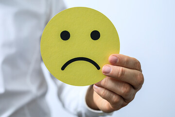 Person holding a sad emoticon.  Illustrates unhappiness, disappointment, or negative feedback.