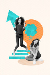 Plakat Poster 3d sketch pop artwork image collage of two happy business partners girls stand arrow development aim achievement success