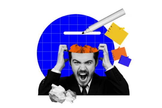 Composite trend artwork sketch collage of young man boss angry shout emoji bad mood headache burnout mind think stress paper trash office