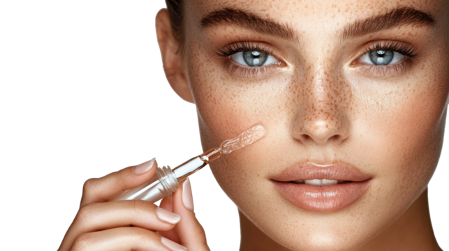 Woman with Clear Skin Applying Serum on Face on Transparent Background