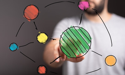 Abstract image of a person interacting with a colorful network diagram, illustrating connection and...