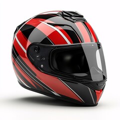 Modern motorcycle helmet with a glossy finish featuring dynamic red, black, and white stripes, isolated in white background. An essential protective gear for racing and sport activities.