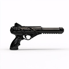 A futuristic black laser gun with a sleek, modern design, displayed in sharp focus against an isolated white background. A high-quality stock photo showcasing sport concept product design.