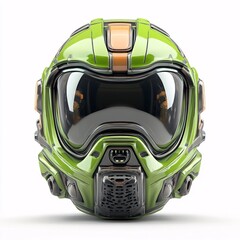 Futuristic green helmet designed for protection in extreme sports and activities, ensuring safety with cutting-edge technology isolated in a white background providing clear visibility and high style.
