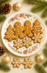 Delicious sweet cookies, gingerbread men, Christmas trees and snowflakes with white glaze, with green branches of the Christmas tree and New Year's decor